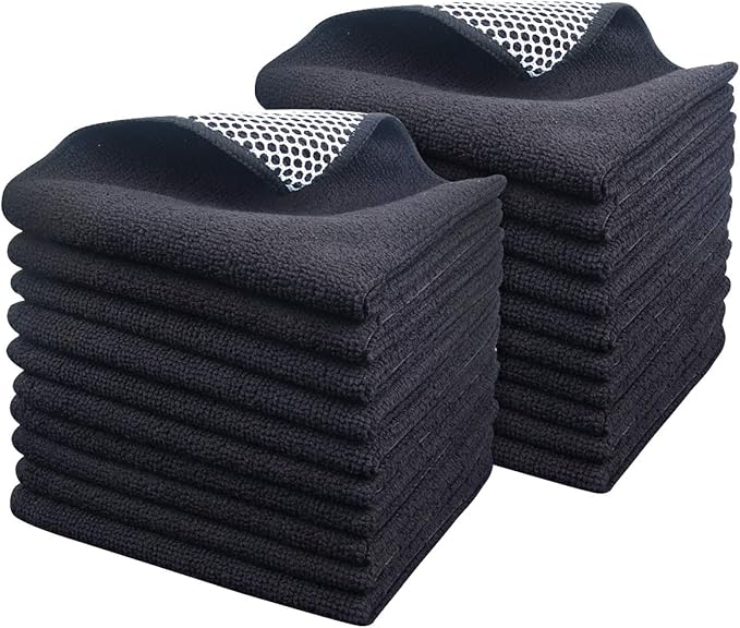 SINLAND Microfiber Dish Cloth Kitchen Cleaning Dish Towel Absorbent Fast Dry Streak Free Cleaning Cloths Poly Scour Side for House, Kitchen 12 Inch x 12 Inch 20 Pack Black