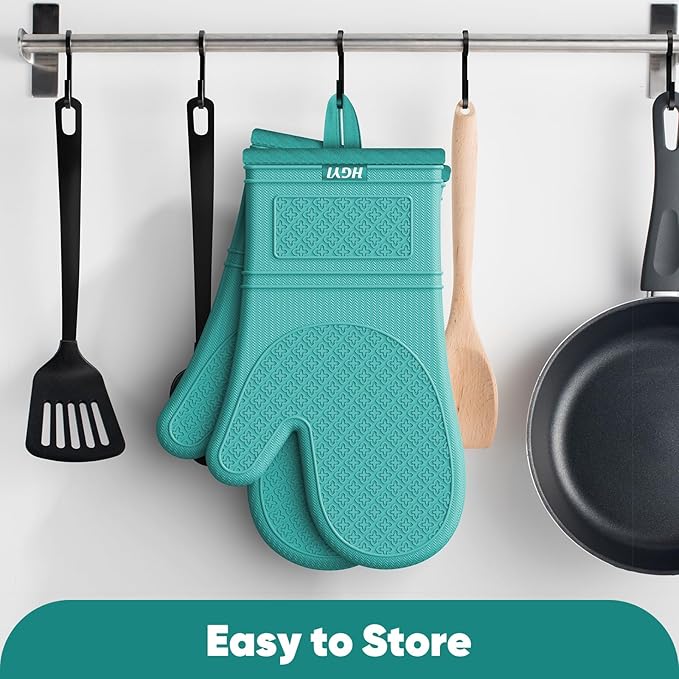 Silicone Oven Mitts, Heat Resistant Oven Gloves with Quilted Liner, Waterproof & Non-Slip Kitchen Mittens for Baking Cooking BBQ, 500°F, 12.5"-Aqua Sky