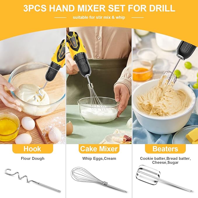 homicozy 3-Piece Stainless Steel Hand Mixer Attachment Set - Whisk, Dough Hook, Egg Beater for Drills - Dishwasher Safe, 9.8 Inch (Drill Not Included) (9.8inch)