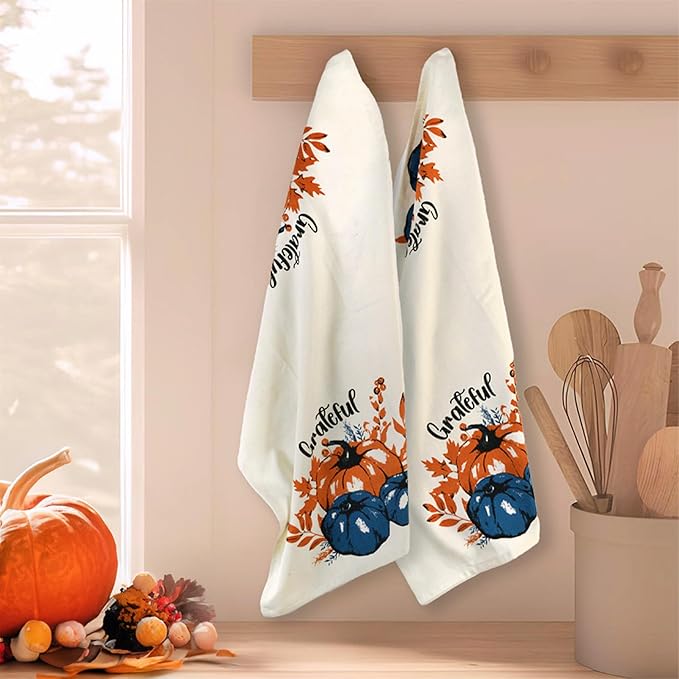The Fine Living Company Set of 2 Grateful l Printed Dish Towels, Hand Towels, Boho Tea Towels - Multifunctional, Stylish, Absorbent, Quick Dry, Soft, 18" x28", 100% Cotton, Blue & Orange