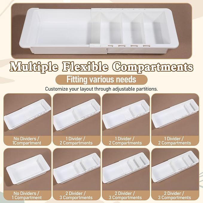 2Pcs Expandable Sliding Drawer Tray with Adjustable Dividers, White Plastic Deep Desk Drawer Dividers Organizers Expandable 11.4 to 18.1 Inches For Utensils Office Bathroom Bedroom Kitchen