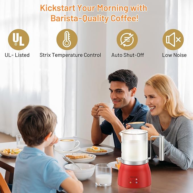 Secura Detachable Milk Frother and Steamer, 17oz Electric Milk Warmer 4-in-1 Hot/Cold Foam Maker, Teflon-Free and Non-Stick Coating-Free Glass Milk Jug, Dishwasher Safe for Latte, Hot Chocolate (Red)