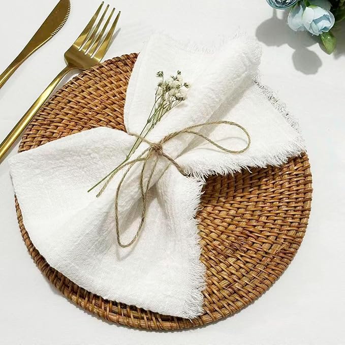 24Pack White Cloth Napkins 17x17Inch White Napkins Cloth with Fringe Soft Cotton Cloth Napkins Washable Rustic Dinner Napkins Cloth for Wedding Party Dinner Table