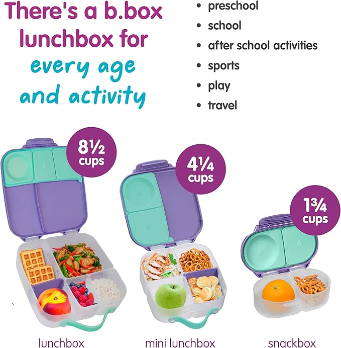 b.box Snack Box - Leakproof Mini Bento Box for Kids & Toddlers, 2 Compartment Snack Containers for Kids, Lunch Containers, Dishwasher Safe, BPA Free, PFAS Free, Ages 4m+, 1 3/4 Cup - Lilac Pop