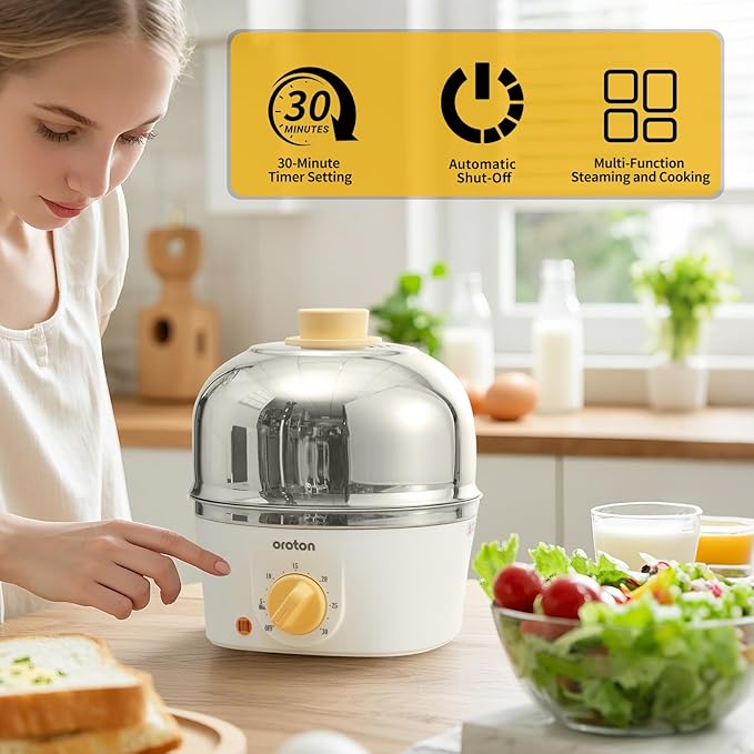 Oroton 9-Egg 304 Stainless Steel Egg Cooker – Steam & Boil Eggs with Timer, Automatic Shut-Off & 3 Cooking Modes (Black)(Hard/Medium/Soft)