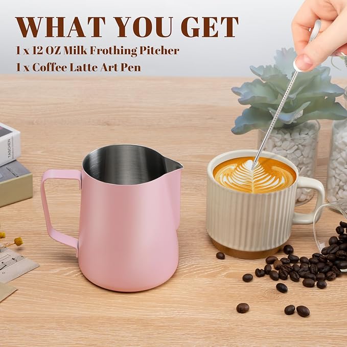 Amrules Milk Frothing Pitcher, 12 oz Milk Frother Cup with Clear Scale, 304 Stainless Steel Cappuccino Espresso Machine Accessories for Barista Coffee Bar with Latte Art Pen, Pink