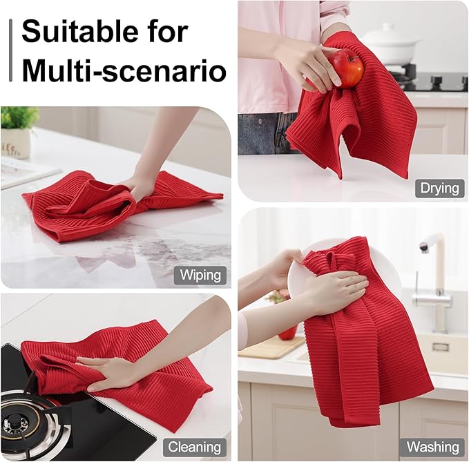 Homaxy Premium Kitchen Towels (18"x 28", 8 Pack), Large 100% Cotton Kitchen Hand Towels, Ultra Absorbent Ribbed Terry Tea Towels Set with Hanging Loop, Red