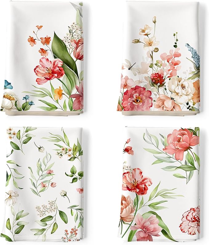 Watercolor Flower Tea Towels, Cotton Kitchen Towel 18.9 × 27.5 inch, Quick Drying Dish Cloth for Party Anniversary Holiday Decoration, Housewarming Gifts for Mom