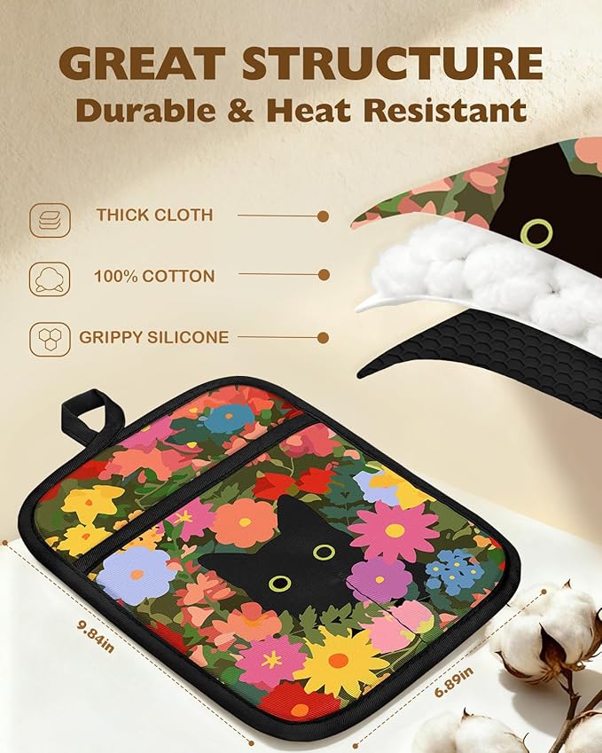 Slohif Cute Silicone Oven Mitts Heat Resistant for Women,Black Cat 100% Cotton Long Oven Mittens Gloves, Non-Slip Thick Kitchen Oven Mits Set with Hanger for Baking and Cooking Gifts
