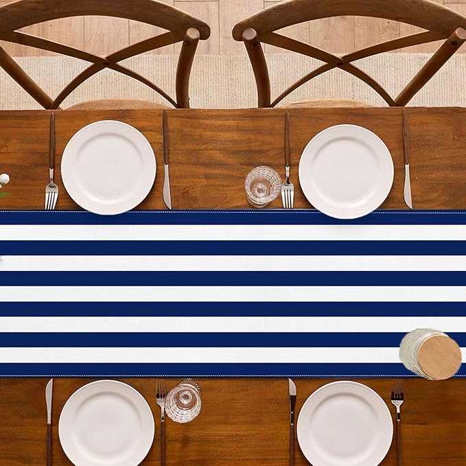 Navy Blue and White Striped Table Runner Nautical Theme Birthday Party Decoration Wedding Dining Room Home Kitchen Table Decor (13" x 72")