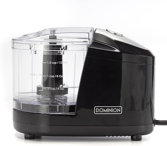 Dominion 1.5 Cup - Electric Mini Food Chopper - Vegetable & Fruit Cutter - Premium Stainless Steel Blades with Safety Lock Cover - One Step/Touch Button - Non-Skid Rubber Feet - Black