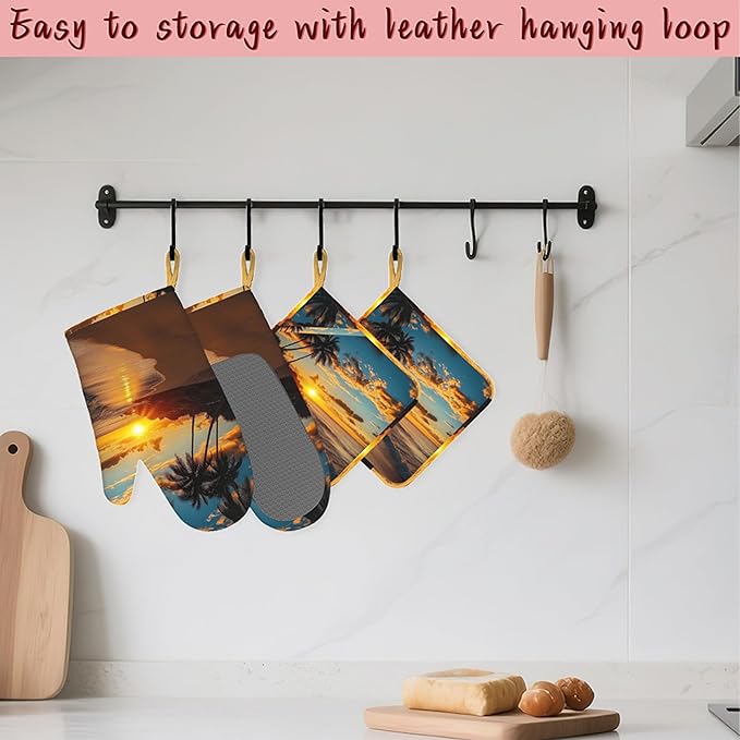 Tropical Palm Oven Mitts and Pot Holders (4PCS),Sunset Trees Sea Beach Heat Resistant Non-Slip Silicone Kitchen Gloves for Cooking, Baking, BBQ Waterproof Kitchen Accessories