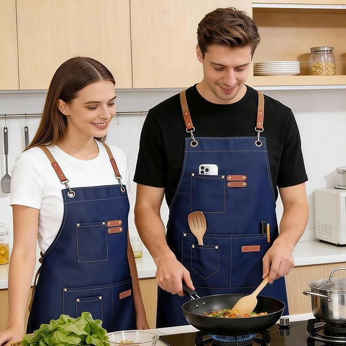 Chef Aprons for Men Women with 4 Large Pockets, Cotton Canvas Cross Back Adjustable Apron for Work grilling kitchen gardening