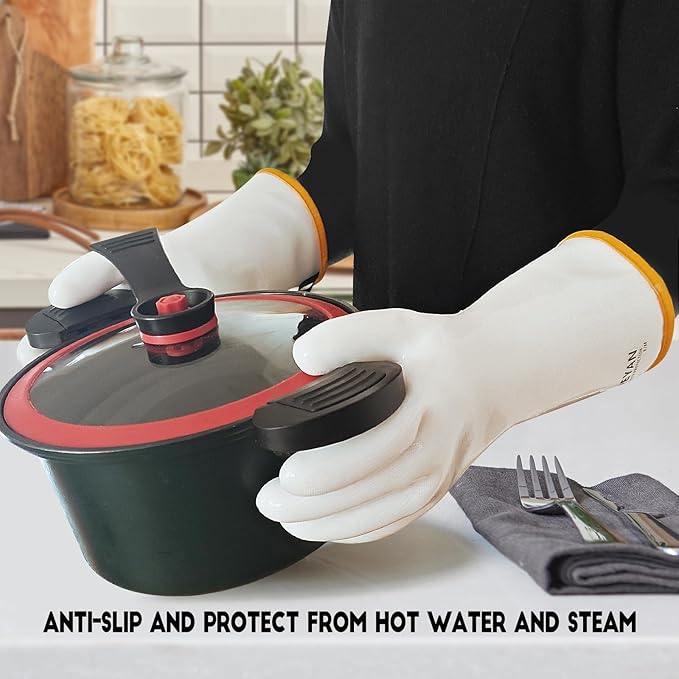 DEYAN Silicone BBQ Gloves - 600°F Heat Resistant Oven Mitts for Grilling, Smoking & Baking - Waterproof, Oil Proof Non-Slip Kitchen Gloves for Cooking, Frying, BBQ Accessories(White, 7/S)