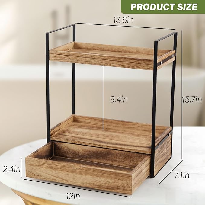 2-Tier Bathroom Organizer Countertop with Drawer, Wood Counter Shelf for Storage, Cosmetic Storage Vanity Tray for Bathroom Organization for Kitchen, Office