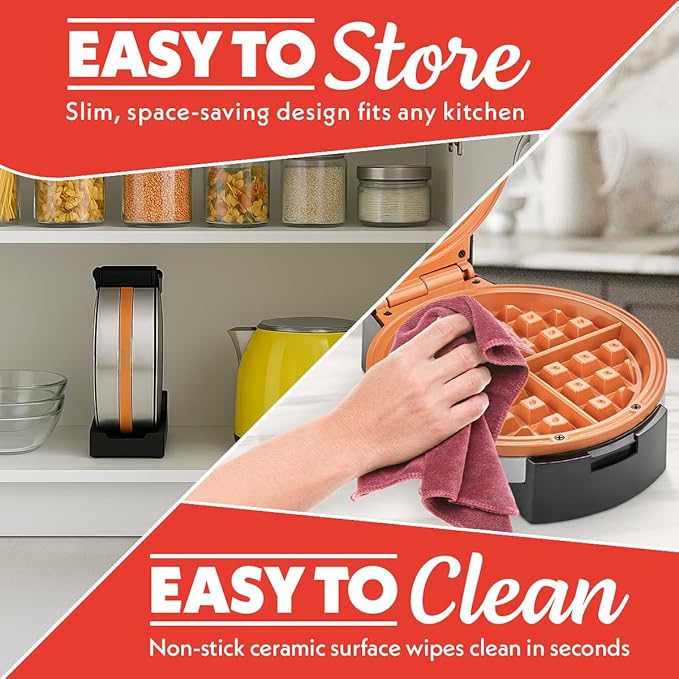 Gourmia Belgian Waffle Maker – Compact Design with Upright Storage, Adjustable Browning, and Easy-Clean Nonstick Ceramic Plates, Stainless Steel