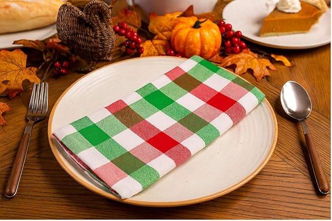 Cloth Napkins Set of 12, 100% Cotton Dinner Napkins 18x18 Inch, Soft Absorbent Gingham Check Napkin for Restaurant, Table Décor, Reusable Washable for Everyday Use - Apple Green/White/Red