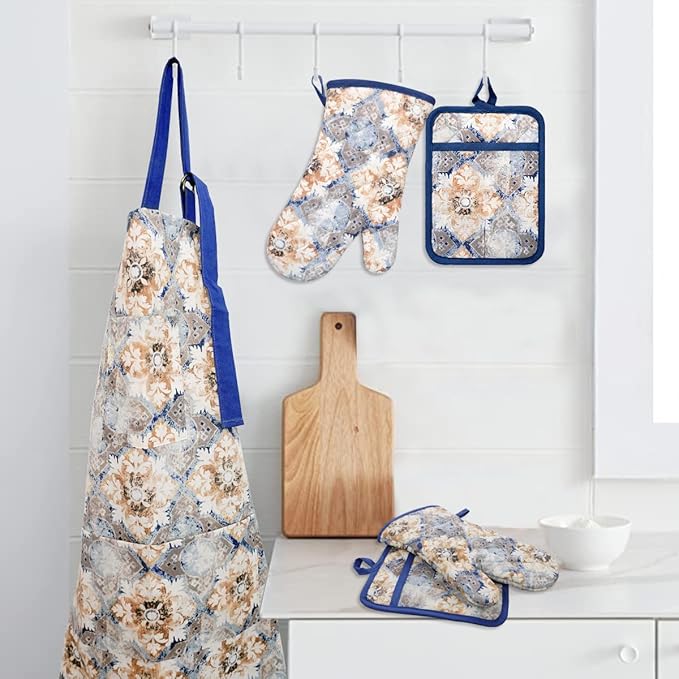 Oven Mitts and Pot Holders with Cooking Apron Set of 5, Heat Resistant Kitchen Gloves and Silicone Non-Slip Potholders, Adjustable Neck Buckle Chef Apron, Cotton Nice Design for Cooking (Blue Retro)