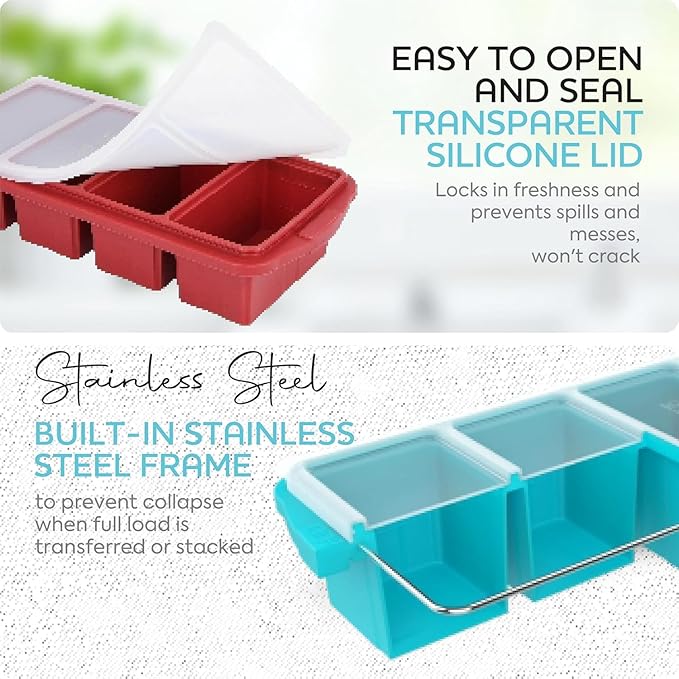 Silicone Freezer Tray With Lid-Soup Freezer Container molds-Large Ice Cube Tray Set Makes 1-Cup & 2-Cup portions cubes Perfect for preparing meals in different portion sizes Oven & Dishwasher -Safe