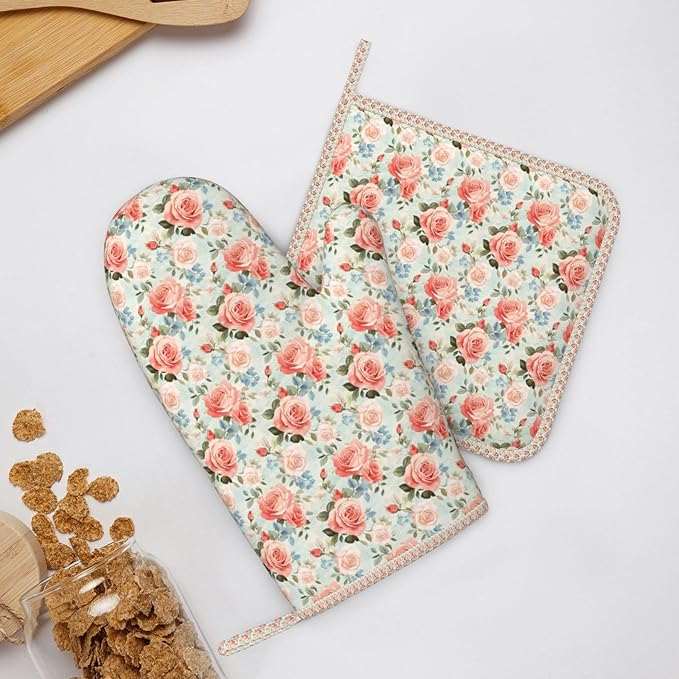Oven Mitts and Pot Holders Rose Flower Vintage Botanical Silicone Kitchen Accessories Set of 2 Heat Resistant Long Gloves Potholder Non-Slip Grip for Chef Cooking,Baking,Grilling,BBQ