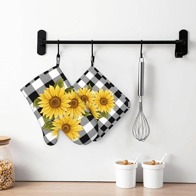 Sunflower Black White Buffalo Plaid Oven Mitts and Pot Holders Sets Silicone Yellow Floral Lumberjack Check Kitchen Mitts Potholders Heat Resistant 4Pcs Oven Gloves Hot Pads for Kitchen
