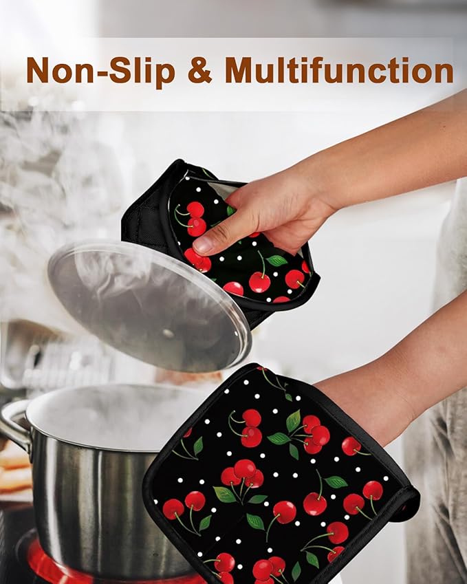Swooflia 100% Cotton Pot Holders 2 Pack Set for Kitchen with Pockets - Cute 440°F Heat Resistant Oven Hot Pads Heavy Duty for Countertop Home Cooking Baking Microwave BBQ Cherry