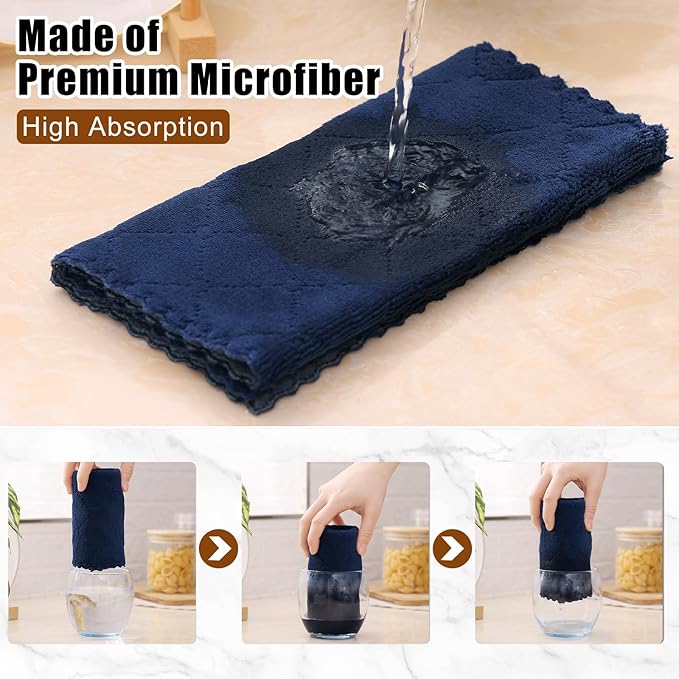 Mordimy 24 Pack Kitchen Towels (20" x 10", Dark Grey & Navy Blue), Super Soft and Absorbent Dish Towels, Coral Velvet Microfiber Cleaning Cloth, Nonstick Oil Fast Dry Dish Cloths