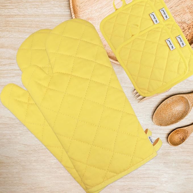 Oven Mitts and Pot Holders Sets,6 Pcs Oven Mitts and Potholders with Recycled Cotton High Heat Resistant Extra Thick Long Oven Mitts for Cooking(Yellow)