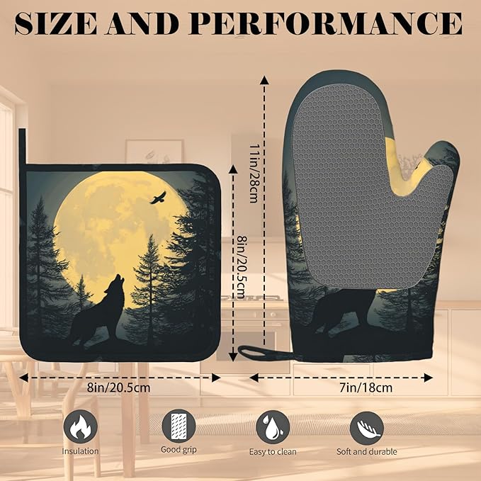 Black Wolf Howling at The Moon Oven Mitt and Pot Holder with Silicone Heat Resistant Kitchen for Cooking BBQ Baking Grilling Cooking Protection