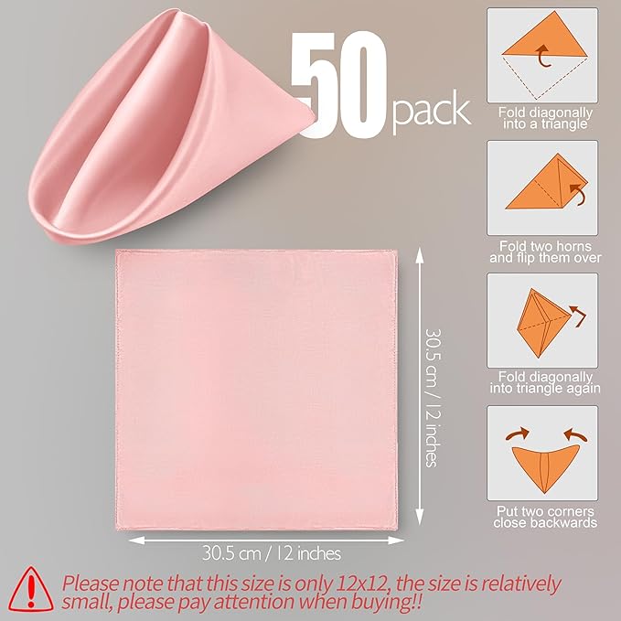 Manyshofu 50 Pieces Blush Satin Napkins - 12x12 Inches Cloth Napkins, Square Satin Fabric Napkin Set - Elegant & Smooth Table Napkins for Wedding Dinner Party Lunch Banquet Restaurant Decoration