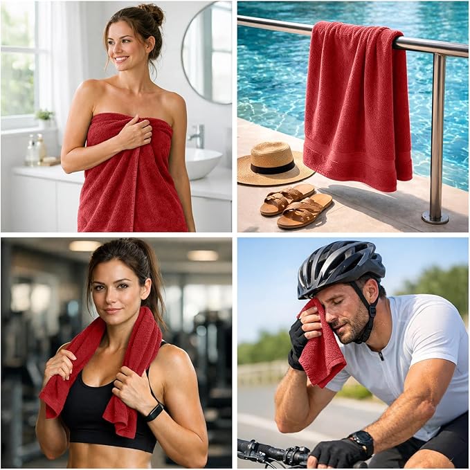 DAN RIVER 8 PC Luxury Bath Towels for Bathroom, 2 Bath, 2 Hand, and 4 Wash Cloths, 600 GSM 100% Ring Spun Cotton Towel Set, Highly Absorbent, Gym, Hotel, and Spa, Red