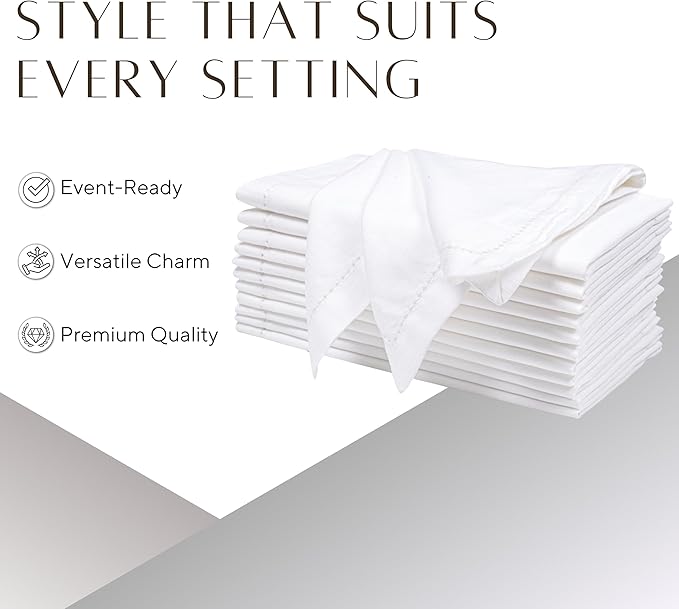 Ramanta Home White Coth Dinner Napkin Set of 12 Premium Easter Cotton 18X18 Inch Linen Flax Hemstitched Soft & Durable Napkins Ideal for Everyday Use, Wedding Parties, Spring Basket Decor