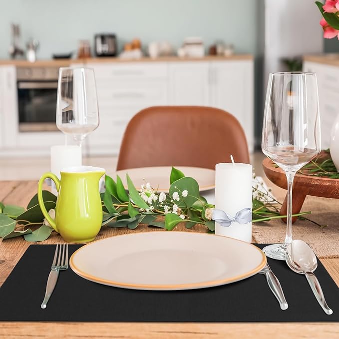 MANSPHIL Black Cloth Placemats Set of 4 Washable Thick Faux Linen Table Place Mats Heat Resistant Double Layer Fabric Wrinkle Free Dining Kitchen Table Decor - 13x19 Inch Oeko Tex Placemat