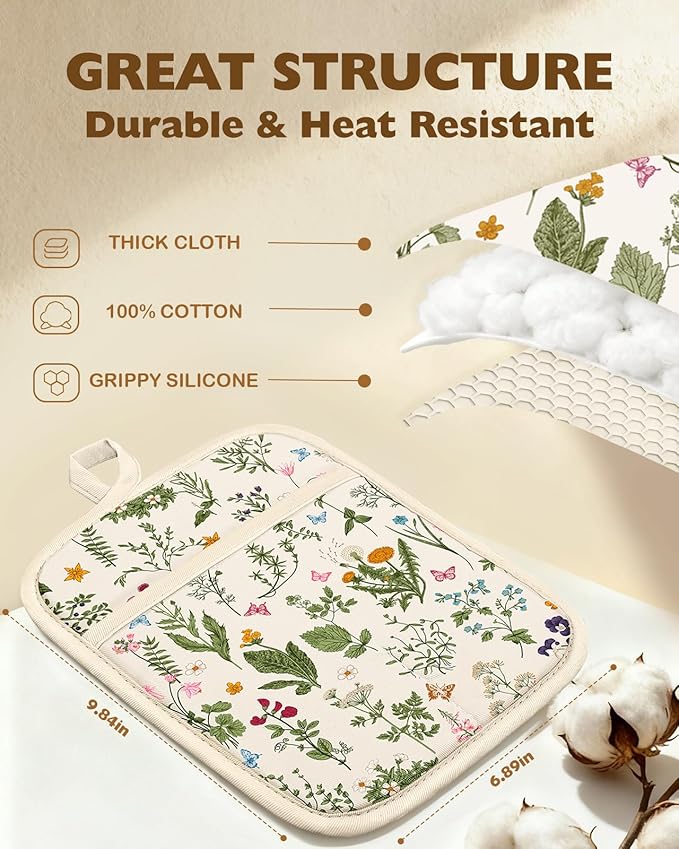 Slohif Silcone Flower Pot Holders for Kitchen - 100% Cotton Beige Cute Retro Oven Potholders with Pockets, Heat Resistant Square Thick Hot Pads, House New Home Baking Baker Gifts,2pack
