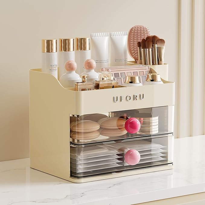 Makeup Organizer for Vanity with Brush Holder, Countertop Skincare Organizer with 2 Drawers, Spacious Cosmetic Display Case for Perfumes, Eyeshadow Palettes, Nail Polishes