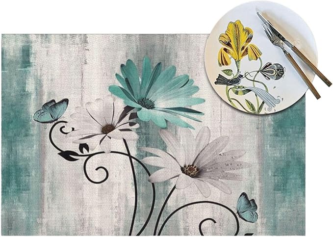 Floral Place mats Set of 4, 12x18 Inches Teal Blue Daisy Flower Decorative Rectangle Table Mats for Party Home Kitchen Dining Table Decoration