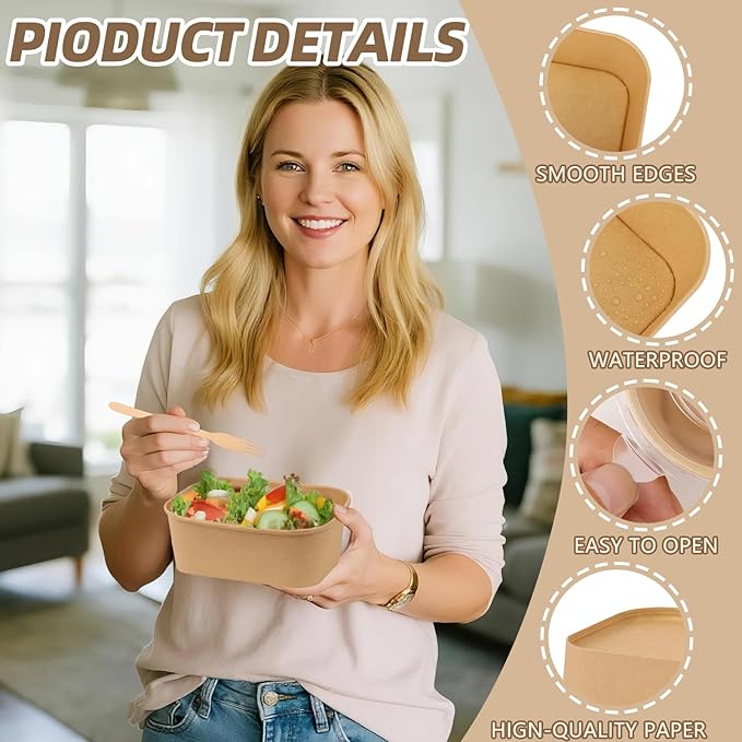 50 Pack 29 oz Paper Food Containers with Lids, Meal Prep Containers Disposable Large Paper Bowls, Microwavable and Freezer Storage Use Cardboard Food Containers