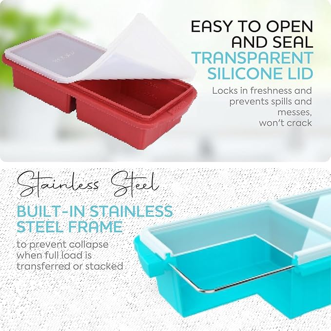 Silicone Freezer Tray With Lid-Soup Freezer Container molds-Large Ice Cube Tray Set Makes 1-Cup & 2-Cup portions cubes Perfect for preparing meals in different portion sizes Oven & Dishwasher -Safe