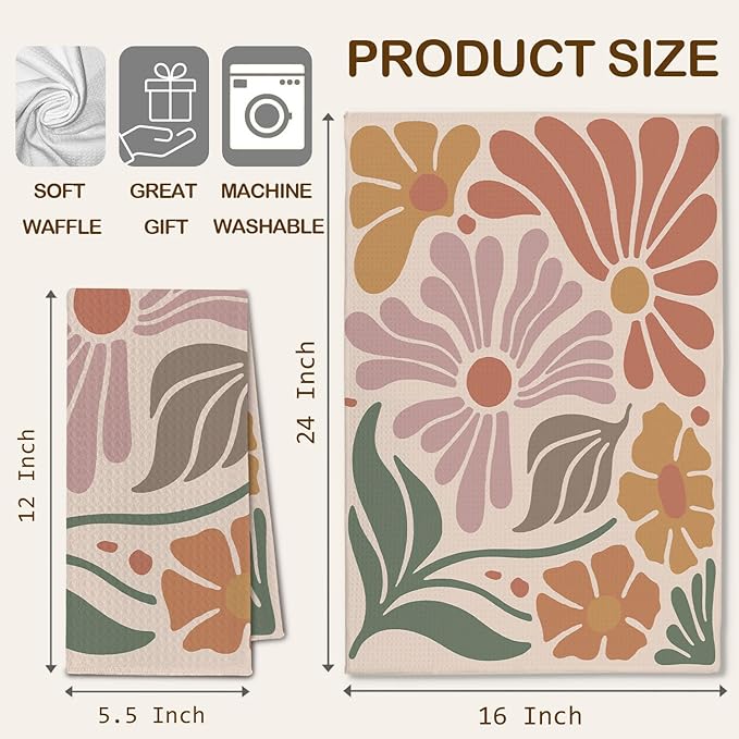 Vibrant Boho Floral Kitchen Towels, Groovy 70s Retro Flower Dish Towels Drying Cloth for Kitchen, Mid Century Modern Botanical Hand Towels for Bathroom, 16x24 Inch Set of 2