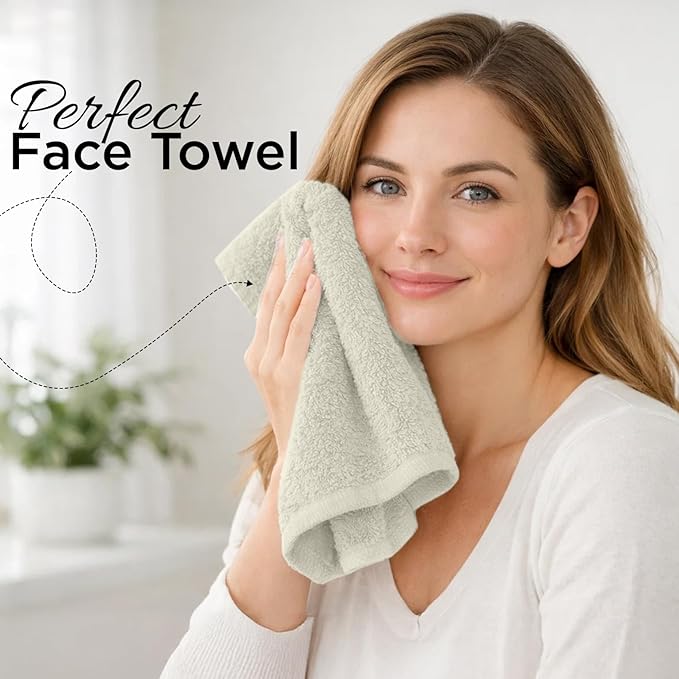 DAN RIVER 12-Pack Premium 100% Cotton Ivory Face Towels for Bathroom - Reusable Face Wash Cloths for Showering 12x12 Inches - 550 GSM Super Soft & Absorbent Luxury WashCloths for Body, Spa & Gym