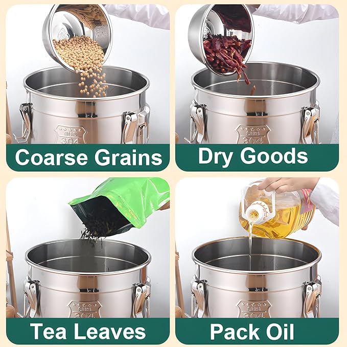304 Stainless Steel Airtight Canister, Metal Cereal Flour Storage Container with Carry Handle Sealed Lid Coffee Canisters for Household Kitchen Bean Oil Milk Barrel (6L / 1.5 Gal)