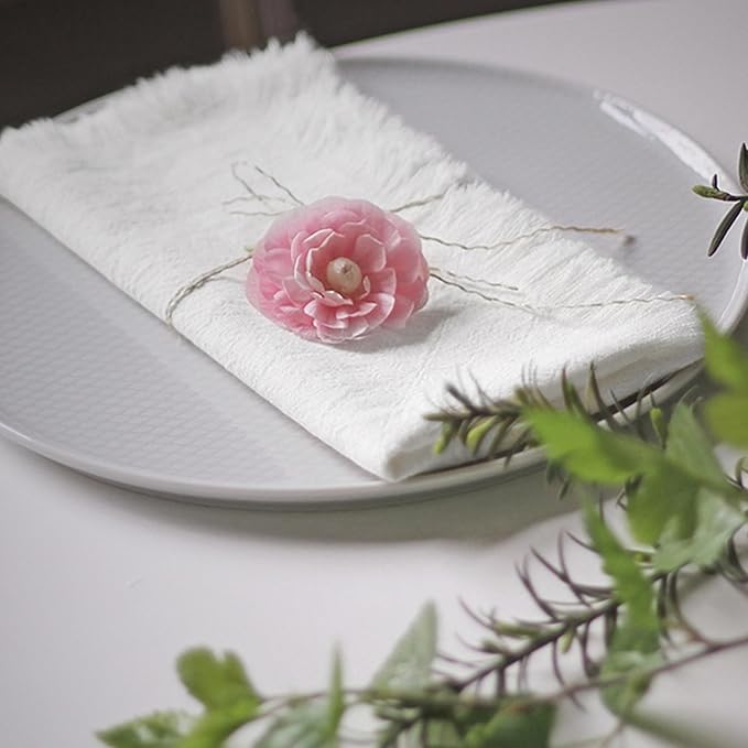 Handmade Cloth Napkins 100% Cotton Napkins with Fringe，Delicate Handmade Cloth Napkins for Dinners, Parties, Weddings and More，18 x 18 Inch Set of 12 - White