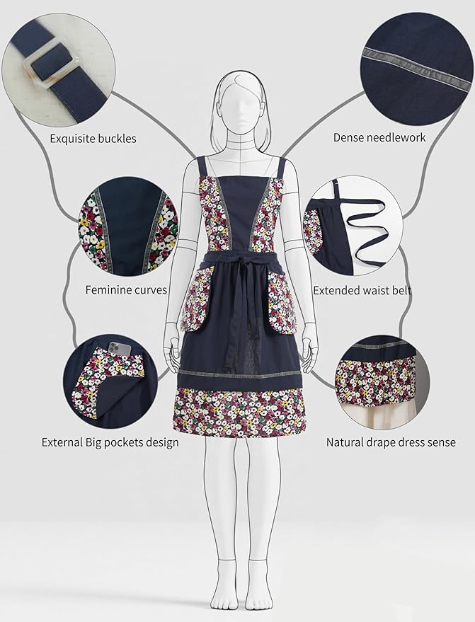 Pinknoke Kitchen Aprons for Women with Pockets Cute Vintage Chef Pinafore Apron for Gardening Cooking Baking Painting