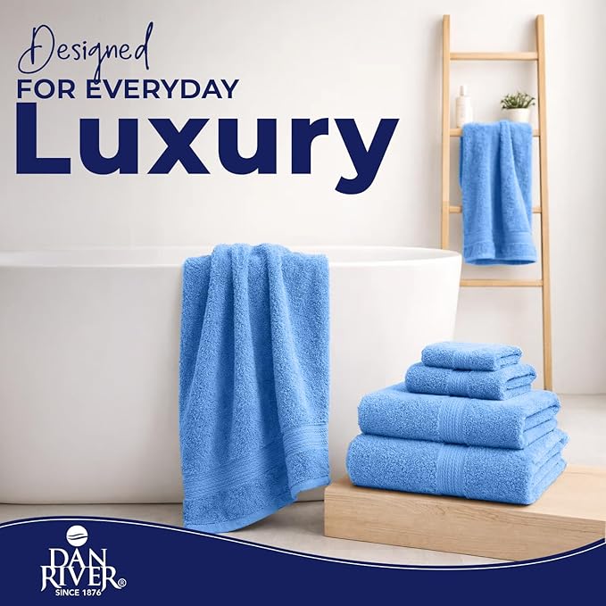 DAN RIVER 8 PC Luxury Bath Towels for Bathroom, 2 Bath, 2 Hand, and 4 Wash Cloths, 600 GSM 100% Ring Spun Cotton Towel Set, Highly Absorbent, Gym, Hotel, and Spa, Medium Blue