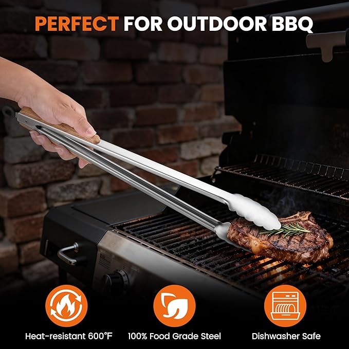 17-Inch Grill Tongs - Locking Metal Tongs with Oak Wood Handles,Stainless Steel Kitchen Tongs for Cooking,Long Tongs for Grilling,BBQ,Serving and Outdoor Barbecue,Heavy Duty,Heat-Resistant and Durable