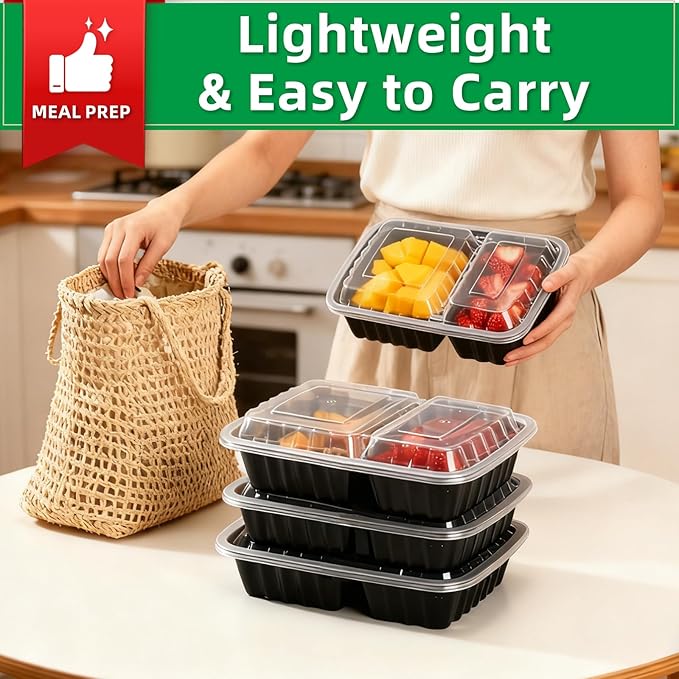 Meal Prep Containers 2 Compartment 50 Pack, 28 oz Divided Reusable Food Storage Containers with Lids Takeout Food Storage Black, Microwave Dishwasher Freezer Safe, Stackable, BPA Free