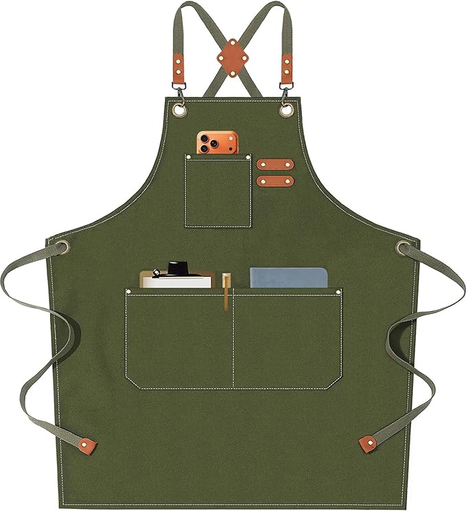 AFUN Chef Aprons for Men Women with Oversized Pockets, 16-Ounce Cotton Canvas Cross Back Heavy Duty Work Apron (Army Green)