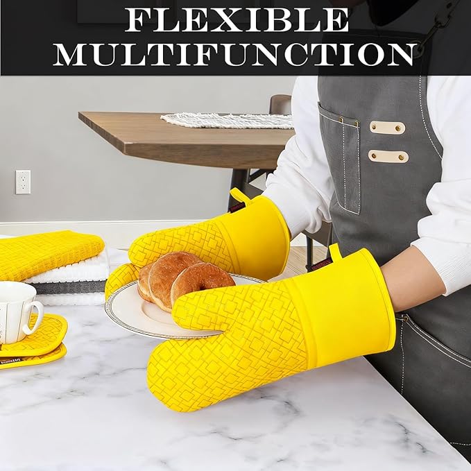 Oven Mitts and Pot Holders Sets 6pcs, Kitchen Oven Glove,High Heat Resistant 550 Degree Extra Long Oven Mitts and Potholders with Non-Slip Silicone Surface for Home Essentials (Grey) (Yellow)