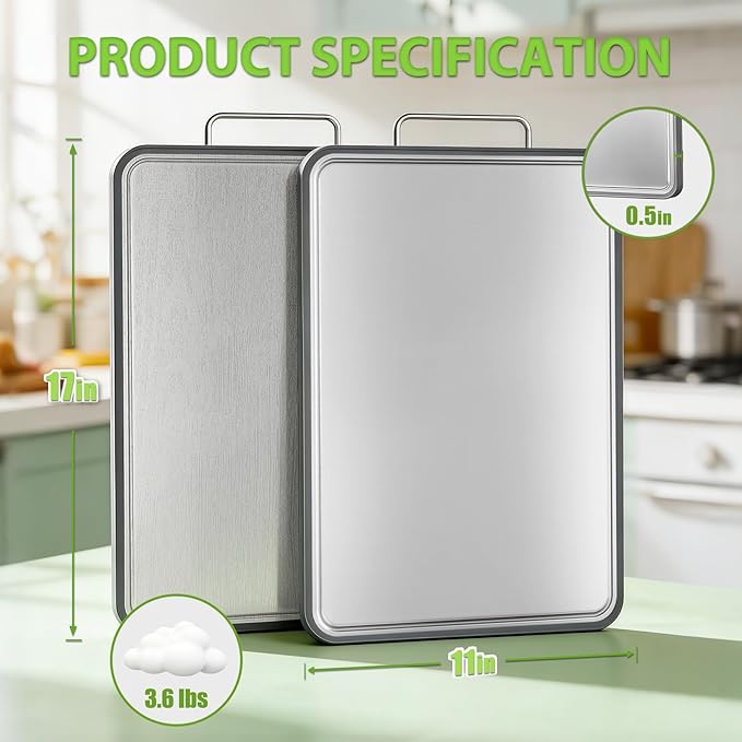 Stainless Steel Cutting Board for Kitchen, 17" x 11" Large Heavy Duty Chopping Board with Juice Grooves, Double Sided Defrosting Tray, Non-Slip Rust Resistant, Dishwasher Safe