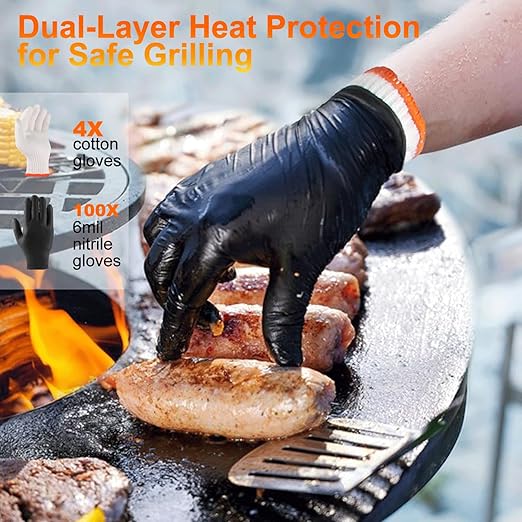 ANBOSON BBQ Gloves for Cooking Baking Grilling, 100 Count Disposable Nitrile Gloves and 4 Count Cotton Glove Liners Washable (6mil Nitrile, X-Large)